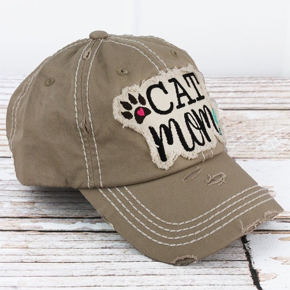 NWT Distressed Khaki  "Cat Mom" Cap - Picture 2 of 3
